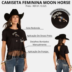 Camiseta Feminina Moon Horse T-Shirt Track Run Preto Detalhes Strass Franjas E Ilhos REF:01.13.525