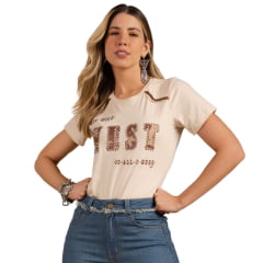 Camiseta Feminina Moon Horse T-shirt West Bege Estampado E Bordado Dourado Ref: 01.10.377