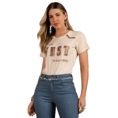 Camiseta Feminina Moon Horse T-shirt West Bege Estampado E Bordado Dourado Ref: 01.10.377