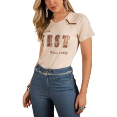 Camiseta Feminina Moon Horse T-shirt West Bege Estampado E Bordado Dourado Ref: 01.10.377
