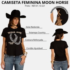Camiseta Feminina Moon Horse T-Shirt Wild One Preto Estampa Brilho Detalhe Ilhós E Cordão REF:01.13.521