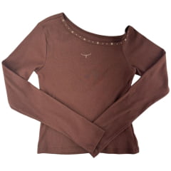 Camiseta Feminina Os Moiadeiros Amarilo Manga Longa Chocolate Estrela Na Gola Ref: Reg200