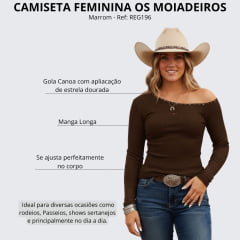 Camiseta Feminina Os Moiadeiros Amarilo Manga Longa Marrom Estrela Na Gola Ref: Reg196
