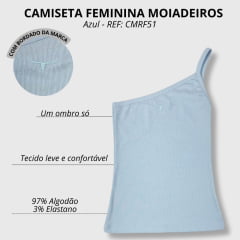 Camiseta Feminina Os Moiadeiros Azul BB 1 Ombro Só (Nula Manga) Com Logo Bordada Ref. CMRF51