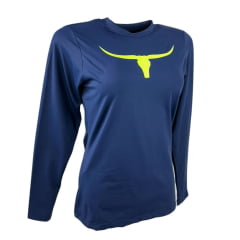 Camiseta Feminina Os Moiadeiros Azul Marinho Manga Longa Com Proteção UV e Logo Amarelo Neon Ref.UV88