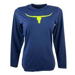 Camiseta Feminina Os Moiadeiros Azul Marinho Manga Longa Com Proteção UV e Logo Amarelo Neon Ref.UV88