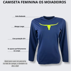 Camiseta Feminina Os Moiadeiros Azul Marinho Manga Longa Com Proteção UV e Logo Amarelo Neon Ref.UV88