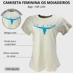 Camiseta Feminina Os Moiadeiros Bege Com Logo Turquesa - CMF 2345