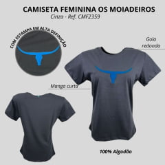 Camiseta Feminina Os Moiadeiros Cinza Manga Curta T-Shirt Com Aplique Longhorn Azul Ref:CMF2359