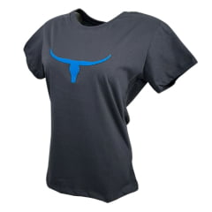 Camiseta Feminina Os Moiadeiros Cinza Manga Curta T-Shirt Com Aplique Longhorn Azul Ref:CMF2359