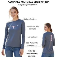 Camiseta Feminina Os Moiadeiros Manga Longa Com Proteção UV Grafite Com Logo Longhorn Rosa Ref:UV/FEM011