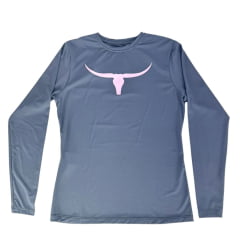Camiseta Feminina Os Moiadeiros Manga Longa Com Proteção UV Grafite Com Logo Longhorn Rosa Ref:UV/FEM011