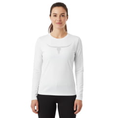 Camiseta Feminina Os Moiadeiros Manga Longa Com Proteção UV Off White Com Logo Longhorn Ref:UV/FEM009