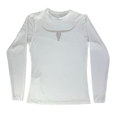 Camiseta Feminina Os Moiadeiros Manga Longa Com Proteção UV Off White Com Logo Longhorn Ref:UV/FEM009