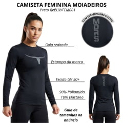 Camiseta Feminina Os Moiadeiros Manga Longa Com Proteção UV Preto Long Horn Chumbo Ref:UV/FEM001