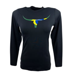 Camiseta Feminina Os Moiadeiros Preta Manga Longa Com Proteção UV E Logo Bandeira Brasil Ref:UV86