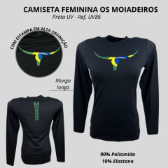 Camiseta Feminina Os Moiadeiros Preta Manga Longa Com Proteção UV E Logo Bandeira Brasil Ref:UV86