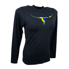 Camiseta Feminina Os Moiadeiros Preta Manga Longa Com Proteção UV E Logo Bandeira Brasil Ref:UV86