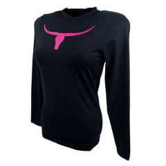 Camiseta Feminina Os Moiadeiros Preta Manga Longa Com Proteção UV Logo Pink Ref:UV91