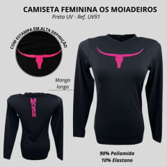 Camiseta Feminina Os Moiadeiros Preta Manga Longa Com Proteção UV Logo Pink Ref:UV91