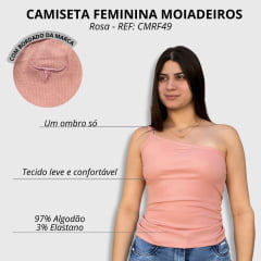 Camiseta Feminina Os Moiadeiros Rosa 1 Ombro Só (Nula Manga) Com Logo Bordada Ref. CMRF50