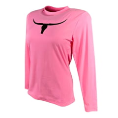 Camiseta Feminina Os Moiadeiros Rosa Manga Longa Com Proteção UV e Logo Preta Ref.UV87