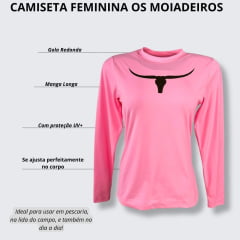 Camiseta Feminina Os Moiadeiros Rosa Manga Longa Com Proteção UV e Logo Preta Ref.UV87