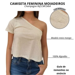 Camiseta Feminina Os Moiadeiros T-shirt Decatur Champanhe Básica 1 Ombro Só Logo Bordado Ref: CMF2464