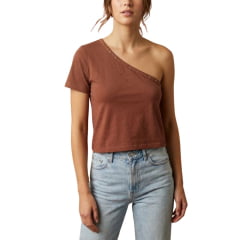 Camiseta Feminina Moiadeiros T-shirt Decatur Marrom 1 Ombro Só Bordado E Estrelas Ref:CMF2490 Camiseta Feminina Moiadeiros T-shirt Decatur Marrom 1 Ombro Só Bordado E Estrelas Ref:CMF2490