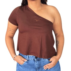Camiseta Feminina Os Moiadeiros T-shirt Decatur Marrom Café Básica 1 Ombro Só Logo Bordado Ref: CMF2478