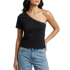 Camiseta Feminina Os Moiadeiros T-shirt Decatur Preto 1 Ombro Só Com Bordado E Estrelas E Logo Ref:CMF2490