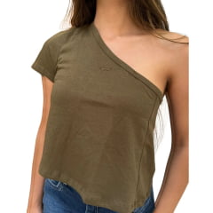 Camiseta Feminina Os Moiadeiros T-shirt Decatur Verde Militar Básica 1 Ombro Só Logo Bordado Ref: CMF2463