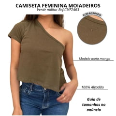 Camiseta Feminina Os Moiadeiros T-shirt Decatur Verde Militar Básica 1 Ombro Só Logo Bordado Ref: CMF2463