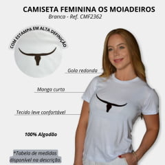 Camiseta Feminina Os Moiadeiros TShirt Branca Manga Curta Com Logo Aplicado em Marrom Ref.CMF2362