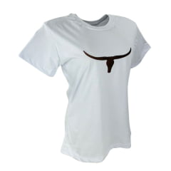 Camiseta Feminina Os Moiadeiros TShirt Branca Manga Curta Com Logo Aplicado em Marrom Ref.CMF2362