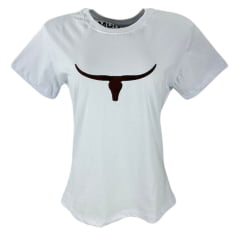 Camiseta Feminina Os Moiadeiros TShirt Branca Manga Curta Com Logo Aplicado em Marrom Ref.CMF2362