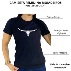 Camiseta Feminina Os Moiadeiros Tshirt Manga Curta Preto Com Longhorn Branco Ref:CMF2467
