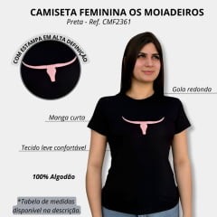 Camiseta Feminina Os Moiadeiros TShirt Preta Com Logo Aplicado em Rosa Ref.CMF2361