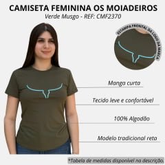 Camiseta Feminina Os Moiadeiros Tshirt Verde Musgo Com Logo Azul Turquesa REF: CMF2370