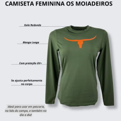 Camiseta Feminina Os Moiadeiros Verde Militar Manga Longa Com Proteção UV e Logo Ref.UV89