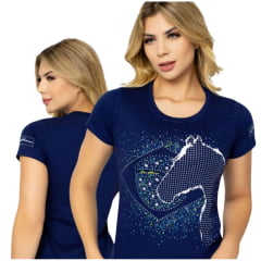 Camiseta Feminina Ox Horns Azul Marinho Estampa Cavalo e Bandeira com Strass Ox Horns - Ref. 6394