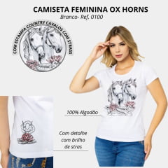 Camiseta Feminina Ox Horns Branca Manga Curta Com Desenhos De Cavalos E Brilho Ref:6411