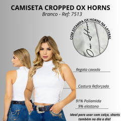 Camiseta Feminina Ox Horns Cropped S/ Manga E Gola Alta Branco Com Logo Lateral Preto Ref: 7513