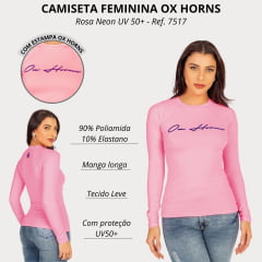 Camiseta Feminina Ox Horns Manga Longa UV50+ Rosa Neon Ref: 7517