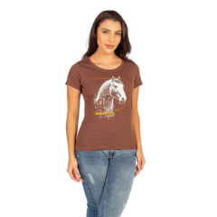 Camiseta Feminina Ox Horns Marrom Manga Curta Com Desenho De Cavalo Cowgirl Ref:6439