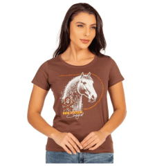 Camiseta Feminina Ox Horns Marrom Manga Curta Com Desenho De Cavalo Cowgirl Ref:6439