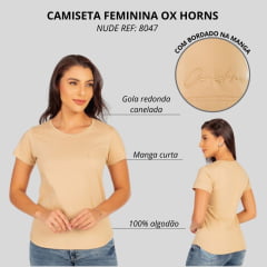 Camiseta Feminina Ox Horns Nude Manga Curta Básica Com Logo Bordada Ref:8047