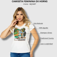 Camiseta Feminina Ox Horns Off White T-Shirt Manga Curta Com Estampa Country Strass - Ref.6407
