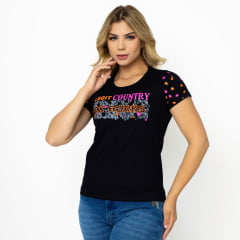 Camiseta Feminina Ox Horns Preta Com Brilho Boiadeira 6390