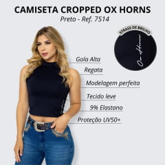 Camiseta Feminina Ox Horns Preta Cropped Sem Manga e Gola Alta - Ref.7510